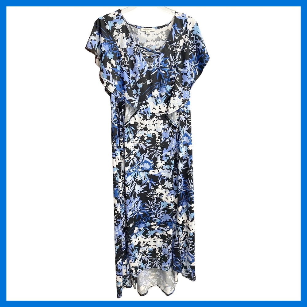 NWT Studio Works Women's Blue Floral Lattice Neck Ruffle Maxi Dress MITD3030‎ L